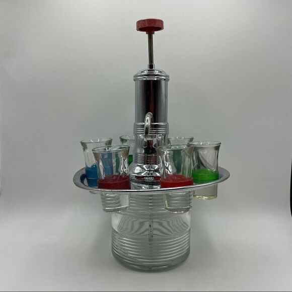 Vintage Park Sherman Chrome Pump Shot Dispenser Carousel With Shot Glasses - Picture 1 of 4